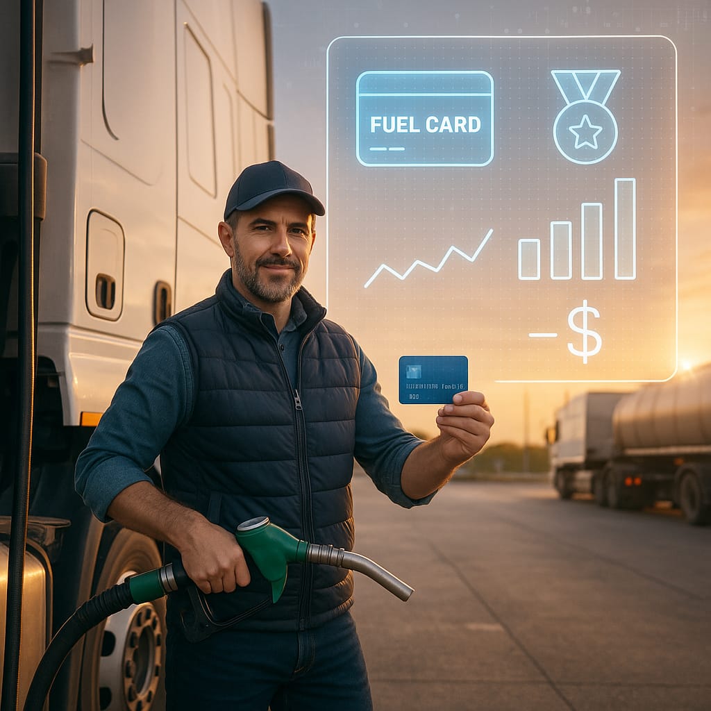 A dynamic collage showing multiple trucks on the highway, with floating icons representing cashback, rewards, and discounts per gallon. Include visuals of fuel receipts turning into digital reports or money symbols. Vibrant, optimistic tone with an emphasis on savings and efficiency.