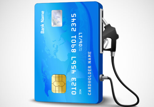 Realistic credit with fuel hose gas station concept vector illustration